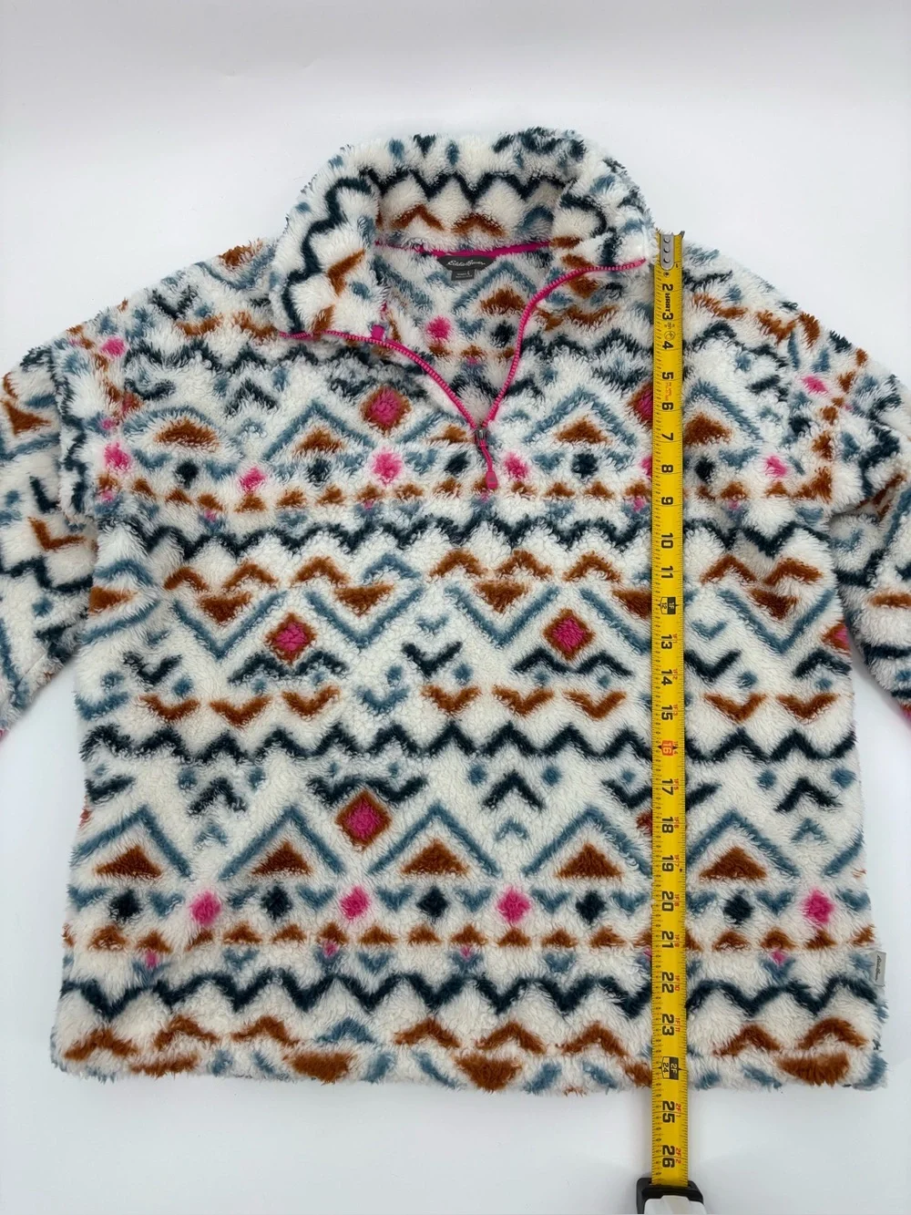 Eddie Bauer Cream Fuzzy Pullover with Brown, Navy & Pink Pattern